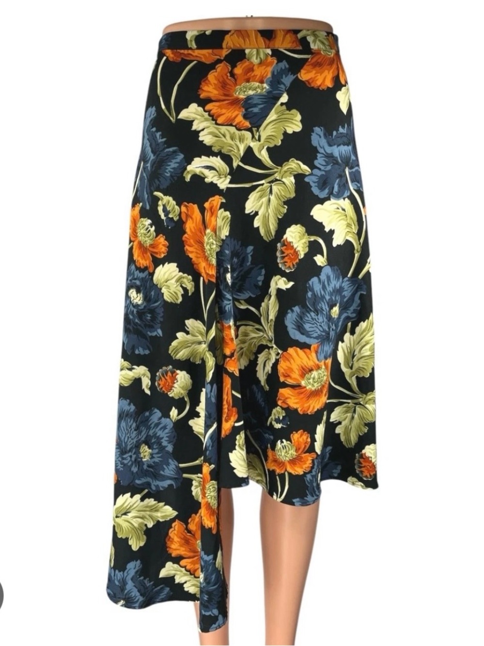 Topshop Floral Asymmetric Midi Skirt - Black with Blue & Orange Flowers